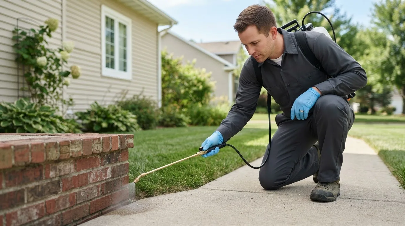 Pest control technician treating a home near Chatham, IL