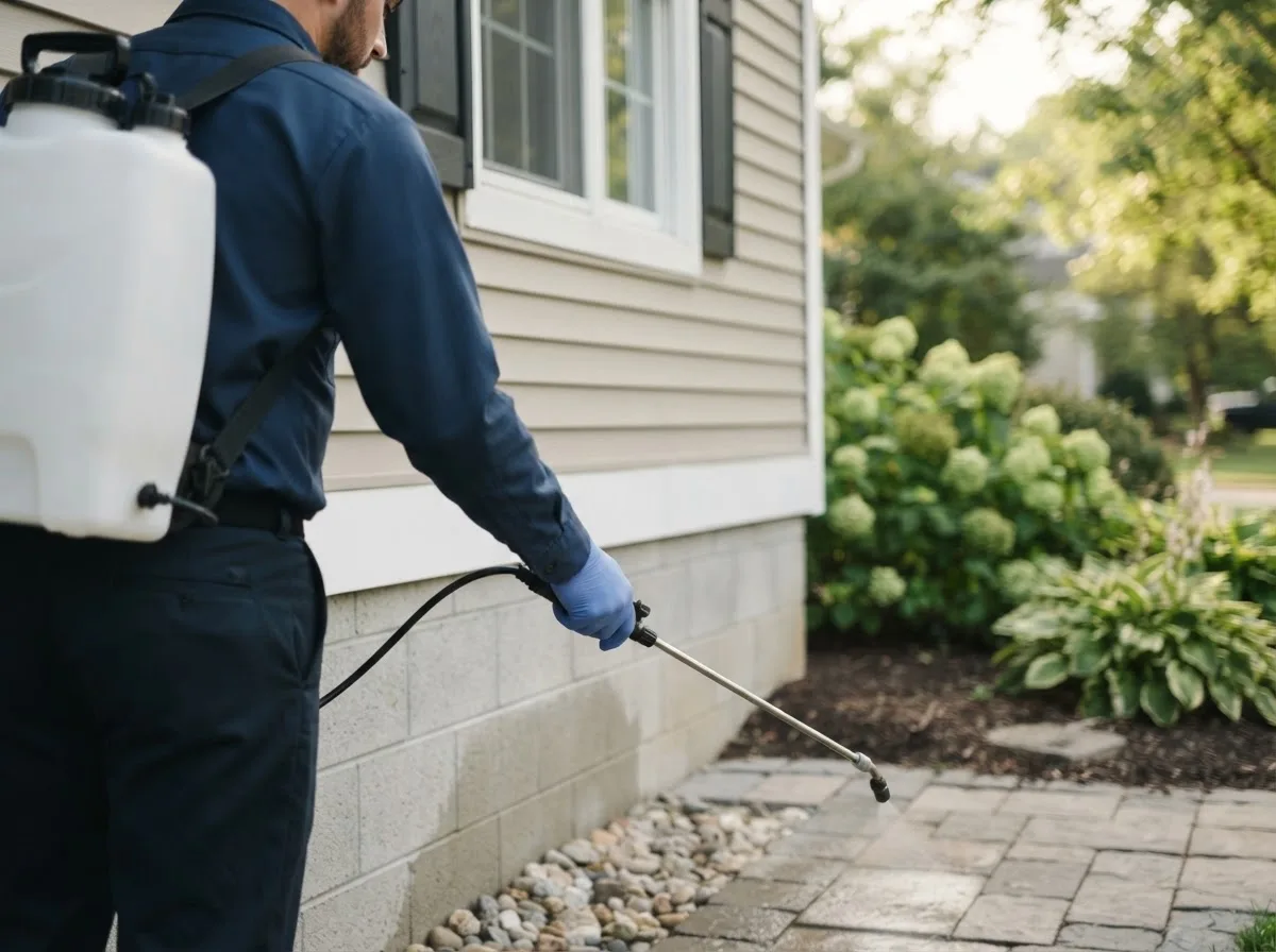 Pest control technician inspecting a home in Chatham, IL